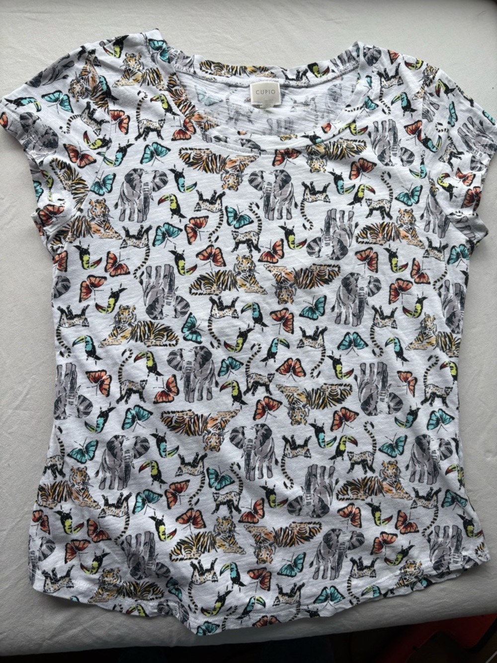 Cupio White Tee with Animal & Butterfly Print